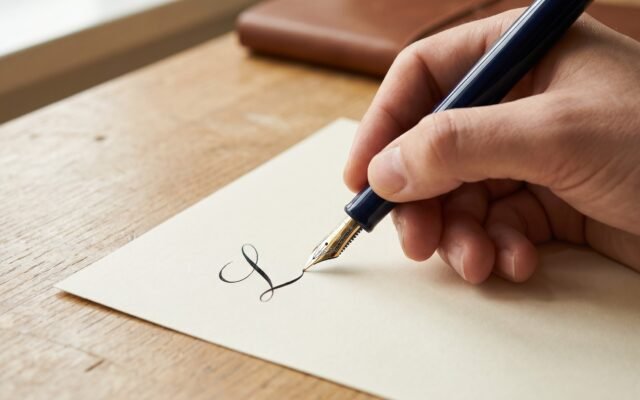 hand holding a fountain pen at 45 degrees above ivory paper, showing nib writing position