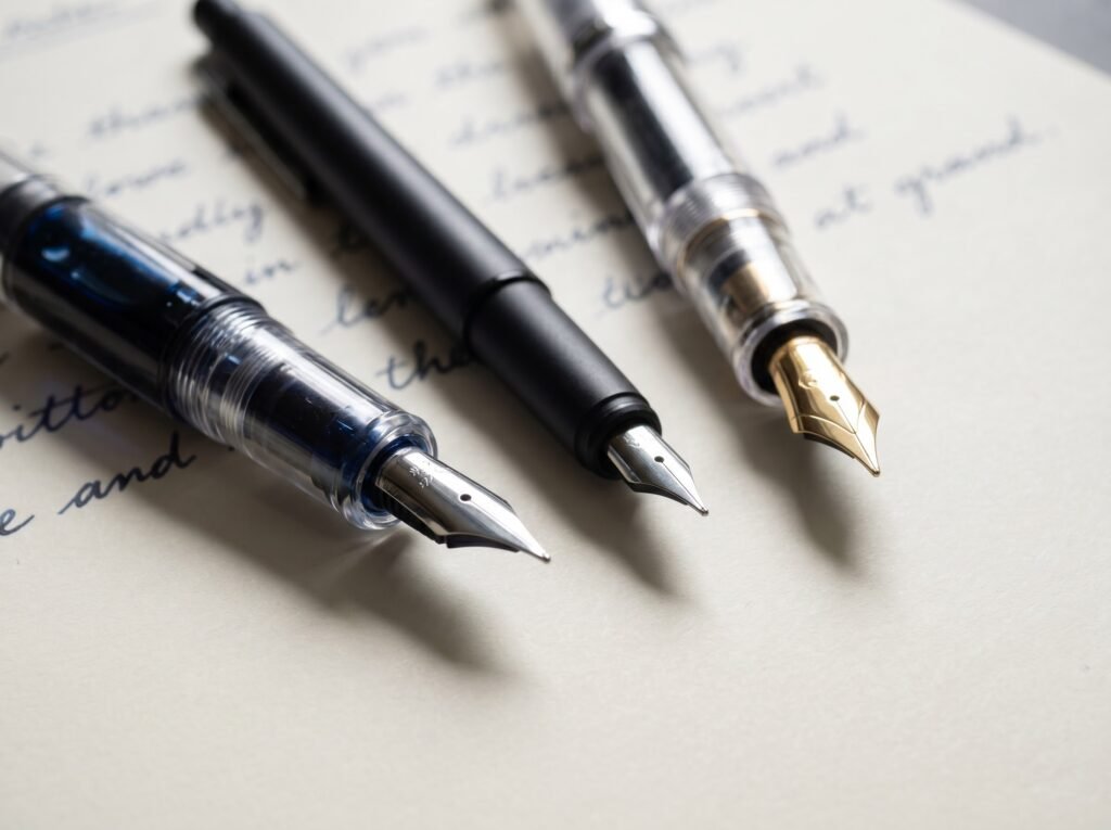Three uncapped Japanese fountain pens with fine nibs resting on cream writing paper