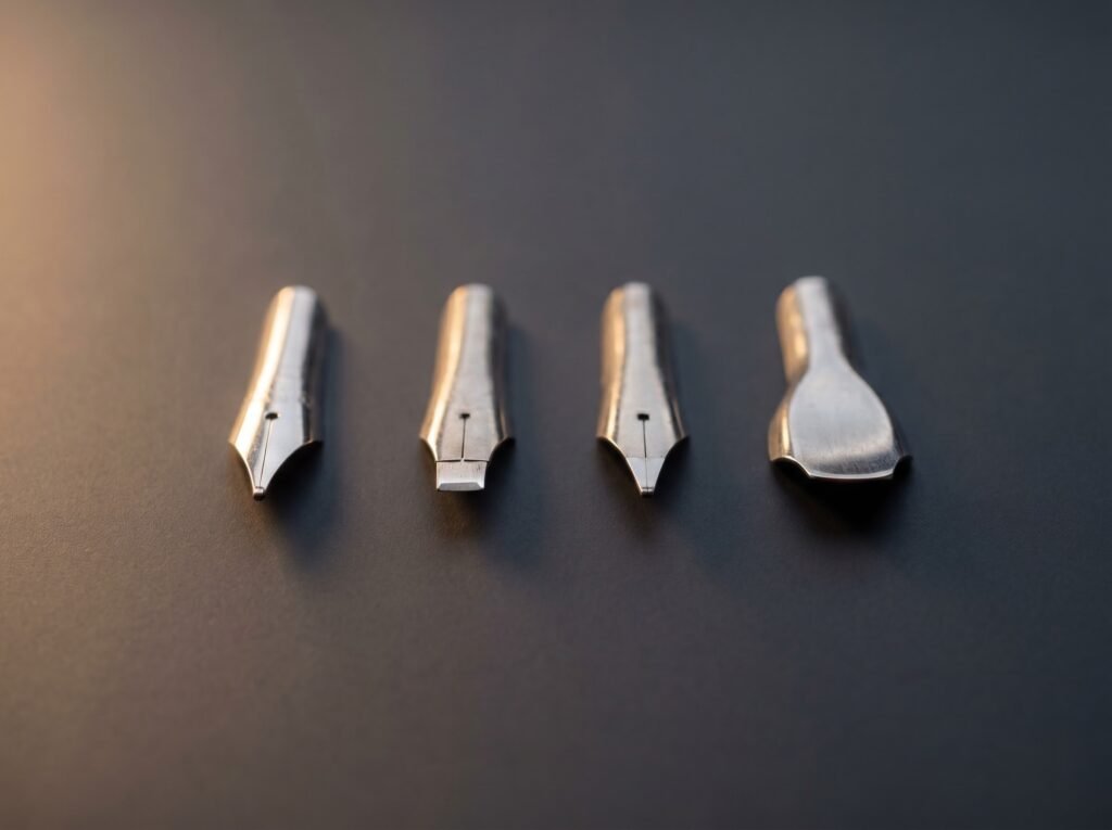 Four fountain pen nibs showing round, stub, italic, and specialty grind tip shapes