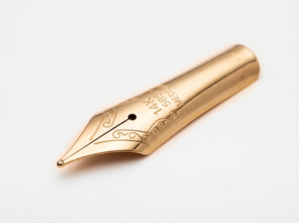 Close-up gold fountain pen nib showing tines, slit, and breather hole anatomy