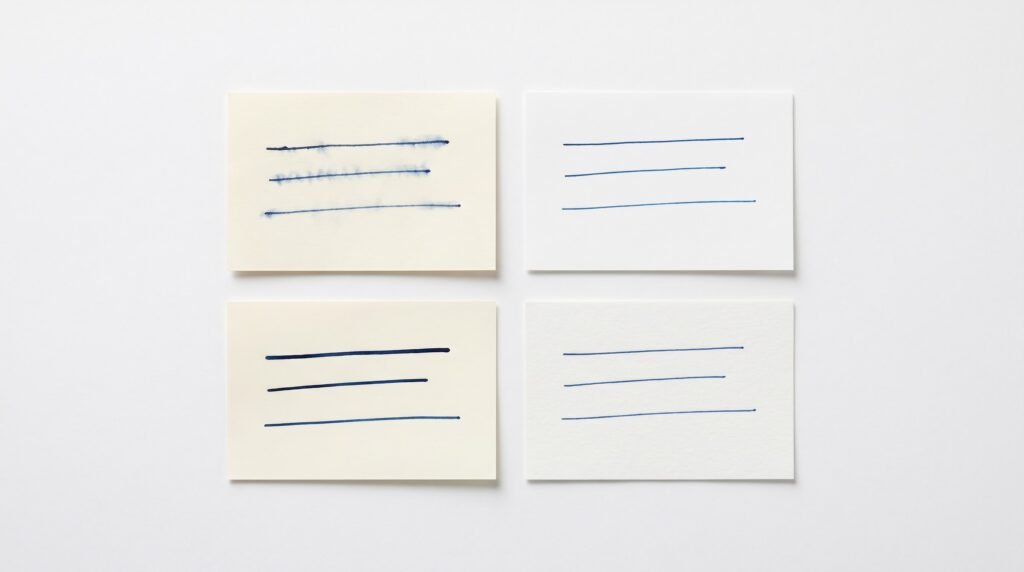 Four fountain pen paper samples comparing feathering, clean lines, sheen, and fast-dry behavior