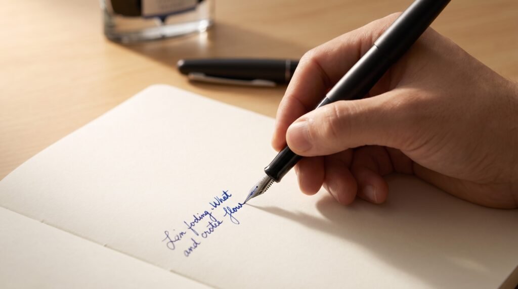 Pilot Metropolitan fountain pen writing in blue ink on a cream notebook at a relaxed angle