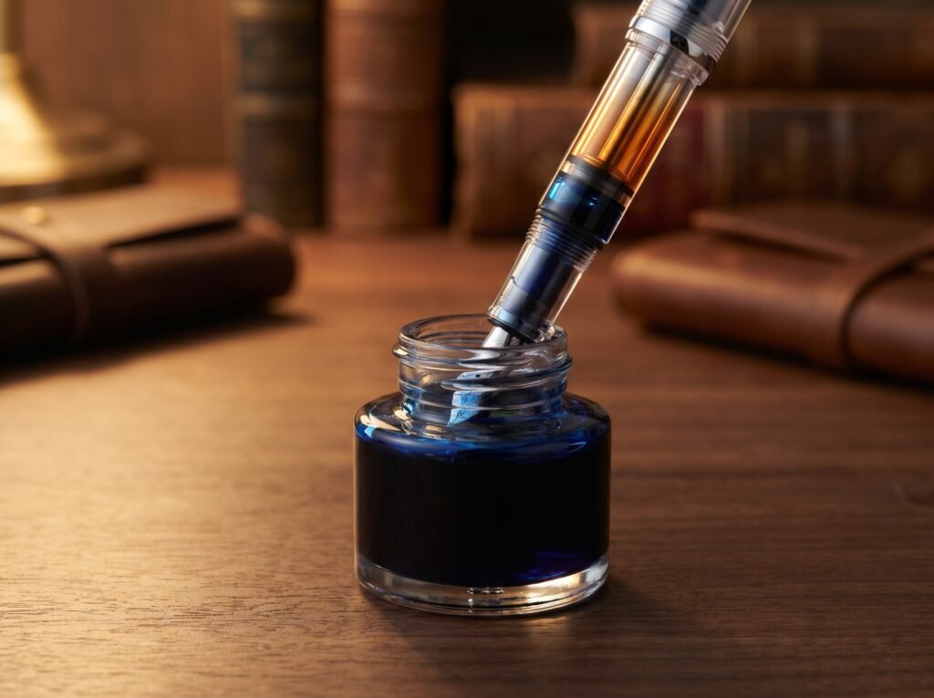 Transparent demonstrator fountain pen filling from a sapphire blue ink bottle via piston mechanism