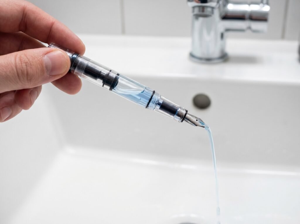 transparent piston fountain pen expelling ink-tinted water into a white sink during cleaning