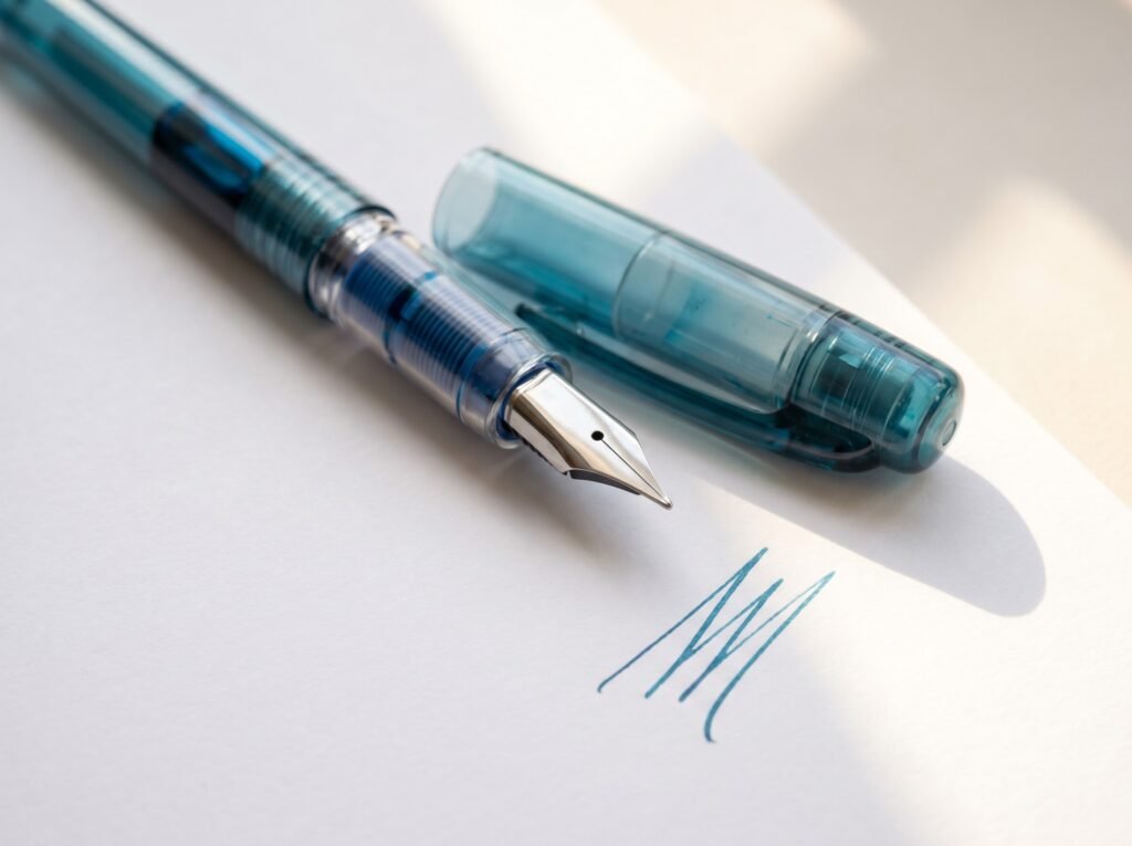 Platinum Preppy fountain pen with transparent barrel and steel nib resting on white paper