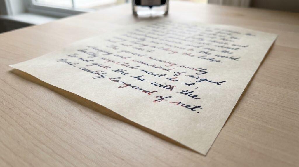 Thin fountain pen paper showing vivid red-gold sheen on blue-black ink lines