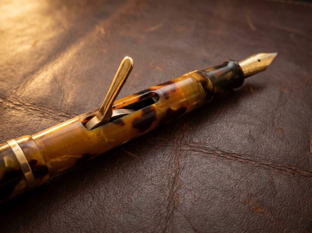 Vintage amber celluloid lever-fill fountain pen with lever raised showing internal mechanism